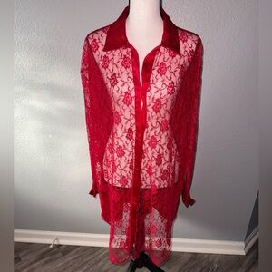 Victoria's Secret Red Floral Lace Robe Vintage Lingerie Gold Label Size M/L